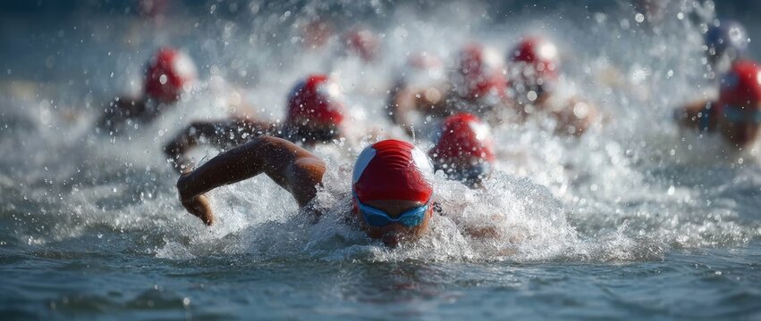 Competitive swimmers racing in open water wearing red caps