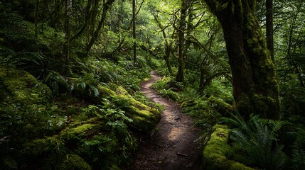 A winding path through a lush, green forest scene
