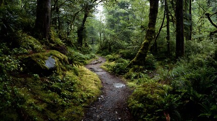 A scenic path winds through a dense, green forest
