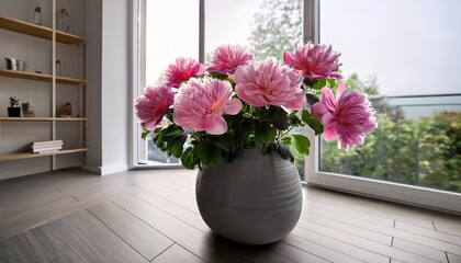 Fototapeta premium colorful pink flowers in a gray pot enhancing room decor with their charm