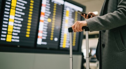 Person with luggage checking the flight schedule on a mobile phone at the airport.