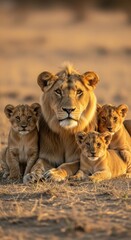 A lioness and her cubs share a tender moment on the african savannah.