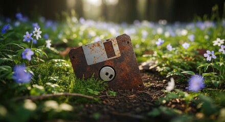 Rusted floppy disk in a forest, symbolizing technology's end in nature's embrace.