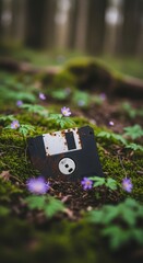 An old floppy disk surrounded by nature and delicate purple wildflowers.