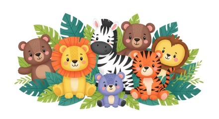 A vibrant cartoon illustration of friendly jungle animals with lush greenery.