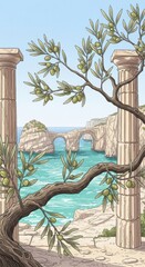 Coastal scene illustration features olive trees, ancient columns, and sea arches.