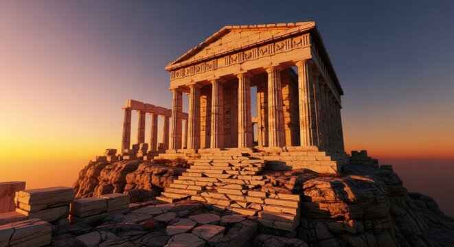 An ancient Greek temple at sunrise, a stunning view of architectural marvel