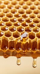 Delicious honey dripping from a natural honeycomb. This image is golden and sweet.