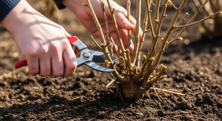 Close-up of a person pruning a small bush with red-handled shears in a garden setting.