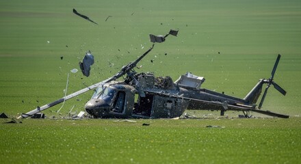 A dramatic scene of a crashed helicopter in a green field, marked by extensive damage and debris.