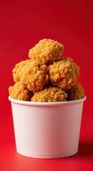 A bucket filled with crispy and delicious fried chicken on a red background.