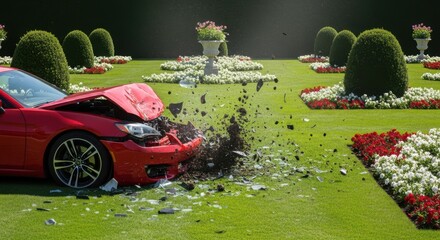 Dramatic image of a red car involved in a serious crash on a pristine lawn, showing significant damage.