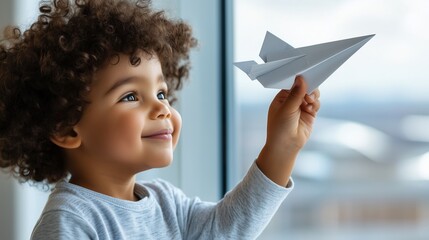 Curly haired toddler smiling, gripping paper airplane near window, radiating childhood wonder and imagination of soaring through paper airplane