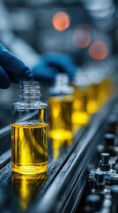 Production line of amber liquid in glass bottles at a manufacturing facility during daytime