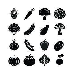 Vegetable Icon Set. Fresh Food Silhouette Glyph Collection. Vector Illustration of Farm Produce for Healthy Diet and Nutrition.