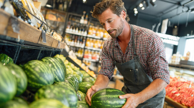 A male supermarket employee in an apron is stocking fresh watermelons on the shelves. He is looking at the produce and appears focused on his work