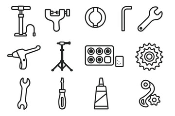 Bicycle repair tools set with wrenches, pump, and gear components