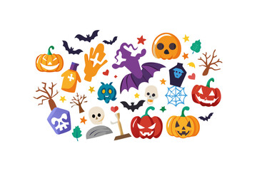Naklejka premium Collection of cute and spooky halloween icons on black background