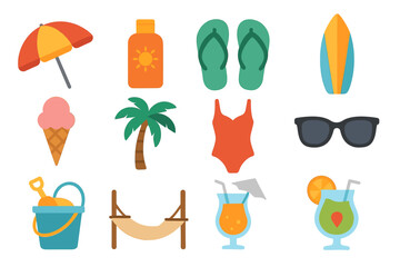 Summer vacation icons: beach, ice cream, flip flops, surfboard, and cocktail