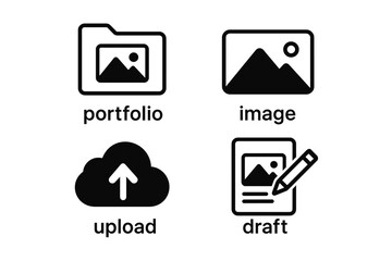 Portfolio icons: image, upload, draft - black and white design set