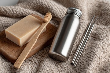 Sustainable bathroom essentials: bamboo toothbrush, soap, steel bottle, and straws on beige textile