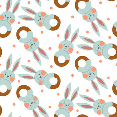 Wooden Montessori rattle with a fabric rabbit. Flat color seamless texture. Wooden elements for youngest children to play with. Cute illustration of children's toys. Packaging for children's products