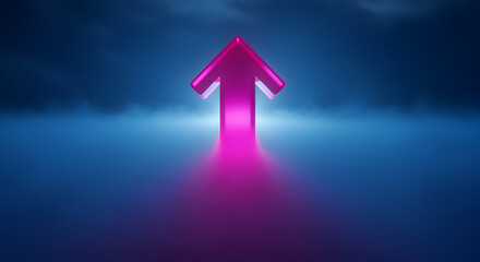 Vibrant Glowing Magenta Upward Arrow Symbolizing Progress and Growth on a Dark Blue Gradient Background with Light Effect