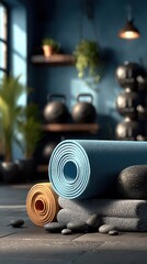 Yoga mats and stones arranged in a serene fitness studio with weights and greenery in the background