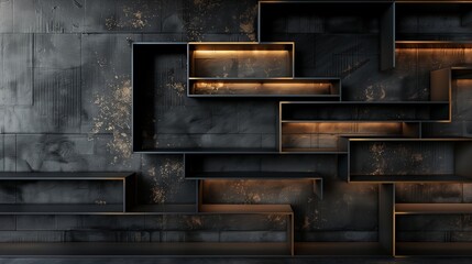 sleek black metal bookshelf with geometric layout