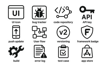 Tech icons: ui, bug tracker, code repository, api key, user flow, build, error log, test case