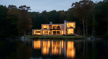 Obraz premium Modern Lakeside Home Radiating Warmth at Twilight A Serene Reflection of Contemporary Design and Natural Beauty in Autumn