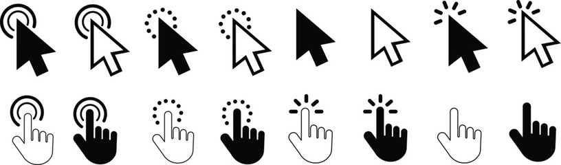 Pixel cursor pointer icons set. Computer mouse click arrow and hand. Pixel hand arrow logo vector isolated - for stock.Computer mouse click cursor. Pointer click. Hand pointer symbol. Clicking finger.
