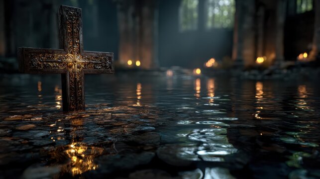 Mysterious cross rises from water in an ancient, abandoned chapel lit by flickering candlelight