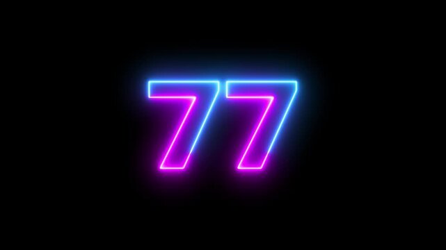 Glowing neon text 77 number countdown icon background 4k animation.