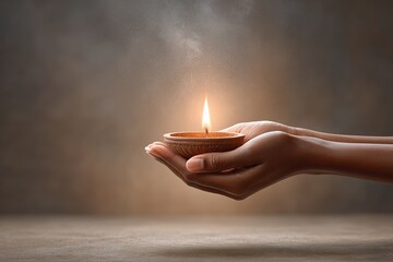 African female hands holding a candle in a wooden bowl with soft glow