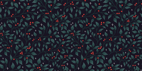 Cute hand drawn  seamless pattern with winter greenery - x mas background, great for textiles, banners, wallpapers - vector design