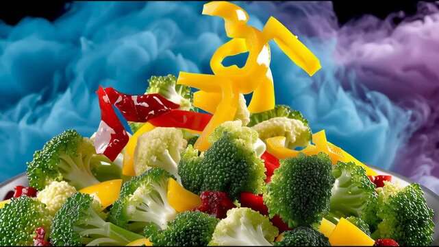 A vibrant assortment of fresh broccoli, cauliflower, bell pepper, and sundried tomato dynamically assembles into a bowl against a colorful, smoky background, emphasizing healthy culinary ingredients.