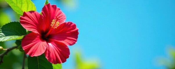 Crimson hibiscus, vibrant green leaves, blue sky, lush, exotic, sunny