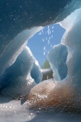 Fototapeta premium Dramatic ice formation with water droplets under sunlight