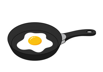 A cartoon image shows a fried egg in a black frying pan with a handle on a white background design