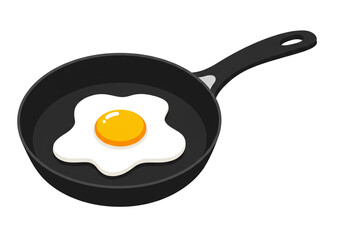 A sunny side up egg cooking in a black frying pan with a handle on a white isolated background