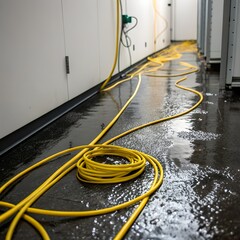 A yellow electrical extension cord lies coiled and uncoiled across a wet, reflective industrial floor in a dimly lit hallway