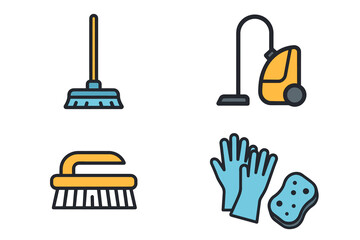 Vector illustrations of cleaning tools: broom, vacuum, brush, gloves, sponge icons