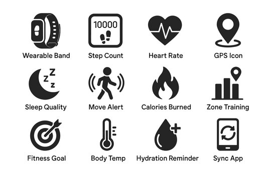 Fitness tracker icon set including wearable band and heart rate symbols