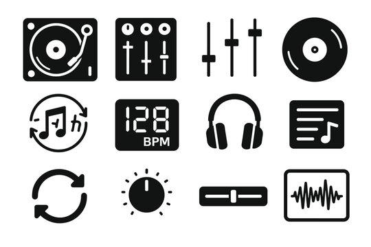 Music icons set: turntable, equalizer, headphones, bpm display, sound wave