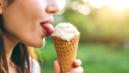close up woman licking vanilla ice cream