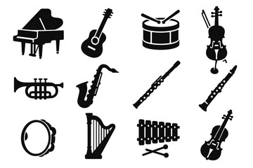 Collection of various musical instrument silhouettes including piano, guitar, and trumpet