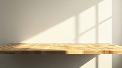 Sunlit Wooden Shelf Against a Wall.