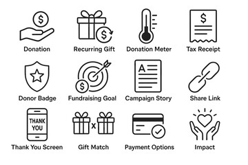 Donation and fundraising icons: gift, tax, badge, goal, payment methods
