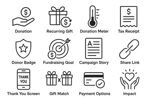 Donation and fundraising icons: gift, tax, badge, goal, payment methods